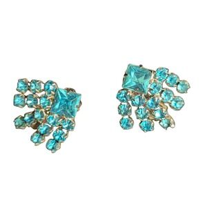 Vintage Aqua Blue Rhinestone Clip On Earrings Silver Tone Square Cluster